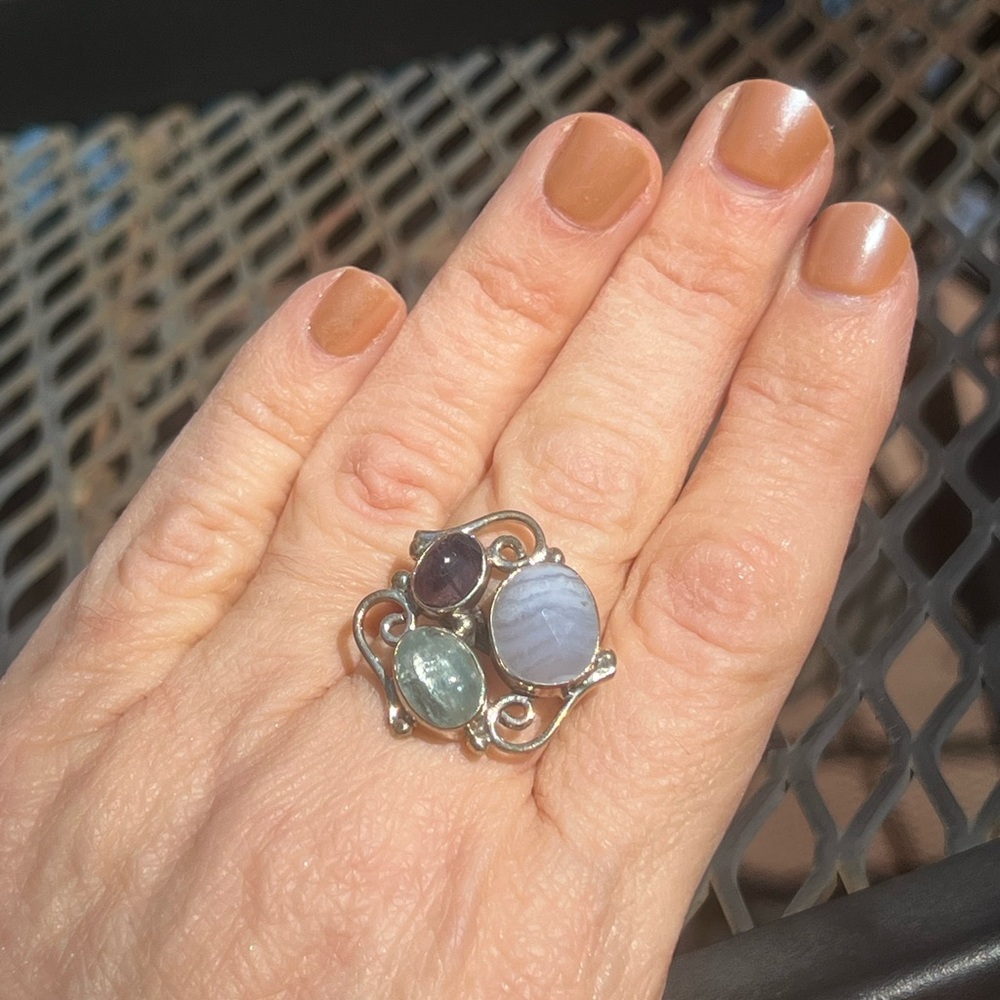 Adjustable Sterling Silver and Multi-Stone Ring, Size 6.75-8
